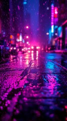 Evening Rain on the Street with Blurred Bokeh Background