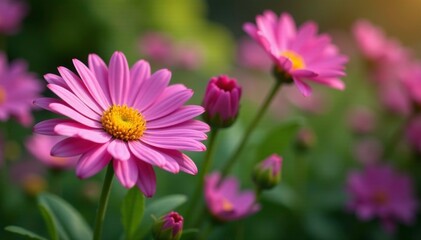Pink aster in a garden among other colorful blooms, purple, gardens