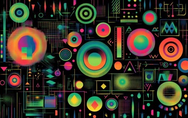 Obraz premium Abstract vibrant geometric shapes and patterns on black background.