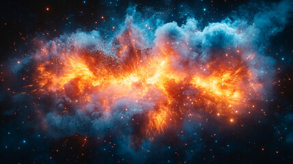 Fototapeta premium fire particles, smoke, and sparks symbolizing aftermath of a catastrophe, bomb explosion, or military operation, chaotic scene with noise and debris, empty design space