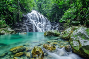 Discover the serene beauty of a cascading waterfall in a tropical rainforest surrounded by lush greenery, clear waters, and vibrant nature in the heart of a tropical paradise