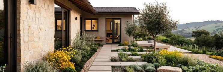 Obraz premium Water conservation gardening idea. A modern home with a beautifully landscaped garden during golden hour.