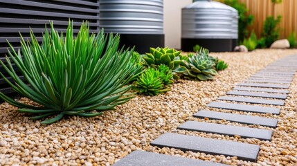 Water conservation gardening idea. A serene landscape featuring various succulents and stone pathways in a garden setting.