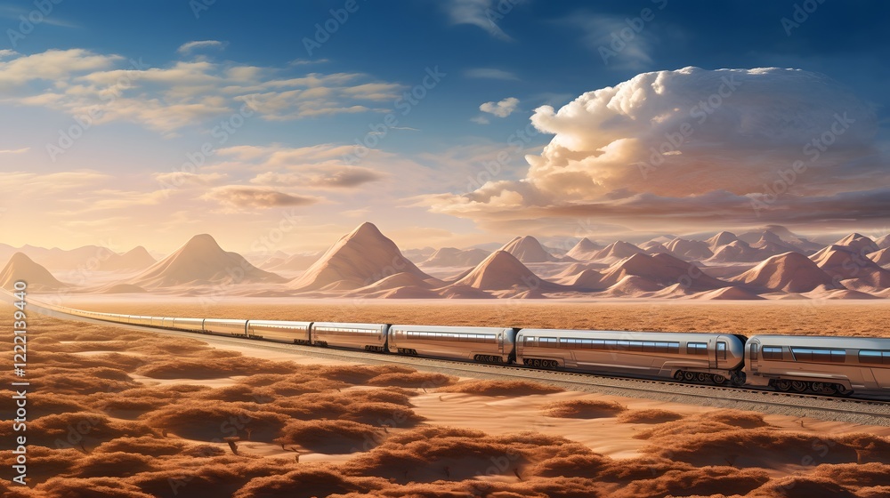 Poster high speed train traversing expansive desert landscape at breakneck pace creating a dynamic and futu