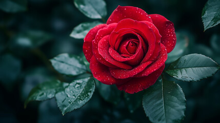 blooming red rose with dew drops on petals, showcasing vibrant beauty and elegance