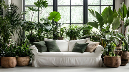 Fototapeta premium Industrial-style room with a white sofa, lush green plants, and natural light