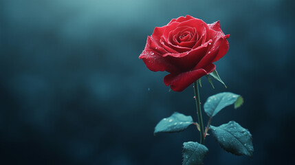 single red rose standing tall with bright green leaves, glistening with dew. image evokes feelings of beauty and elegance