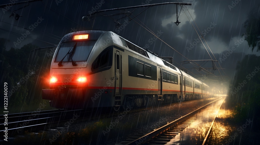 Poster high speed electric train zooming through a powerful rainstorm with heavy rain and dark clouds on th
