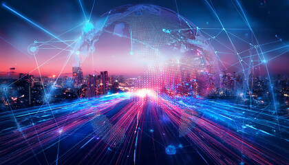 Un r&eacute;seau de lasers blanc qui se joignent sur une ville technologique