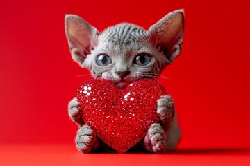 Sphynx - my cherished cat. Promotion concept graphic pattern design. Cute sphynx feline infant with sparkling rhinestones red heart - sign of love, funny greeting card. Heartwarming pet photo.