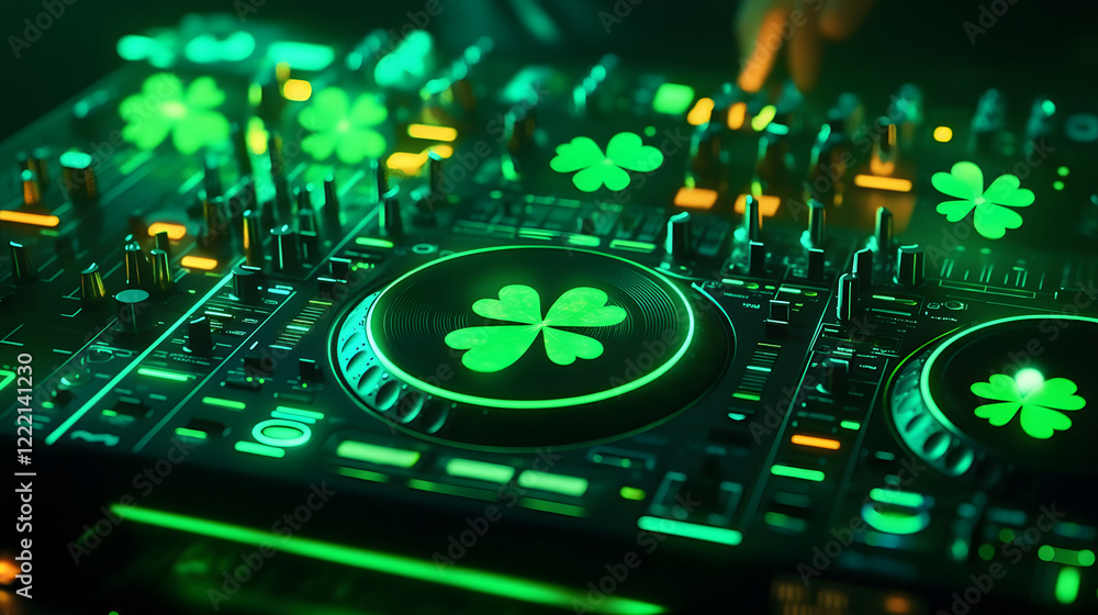 Poster a dj with a futuristic setup: the virtual console glows with green patterns, 3d icons of clovers and