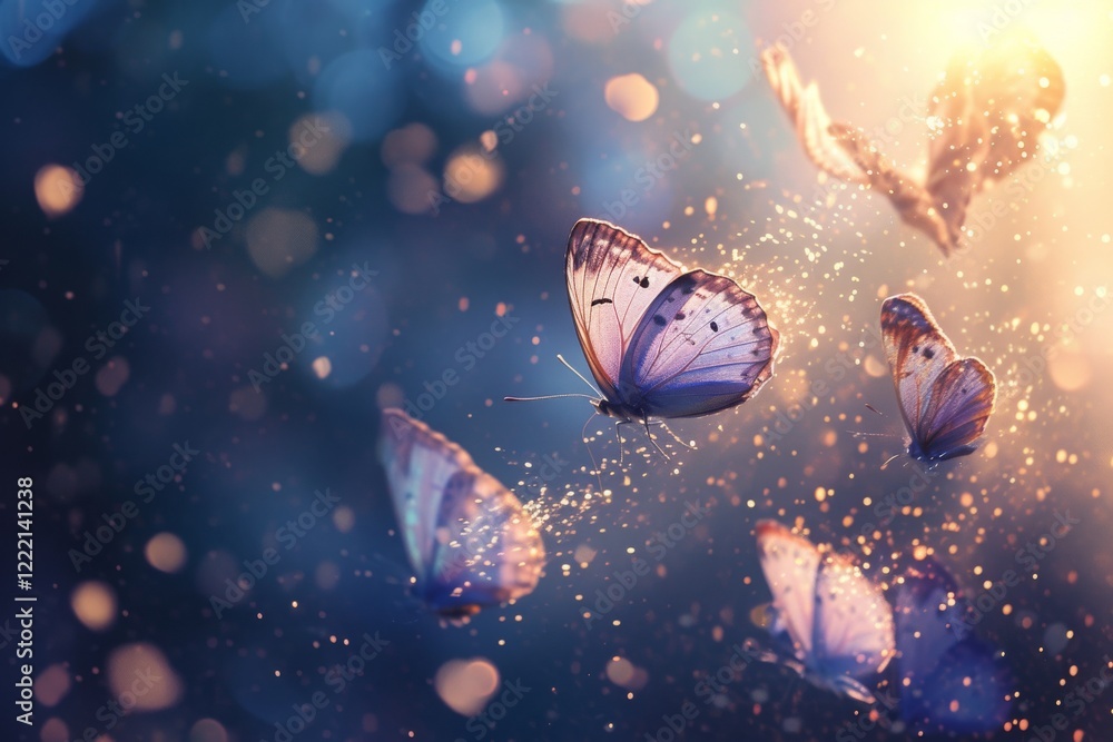 Aufkleber ethereal butterflies emerging from shimmering pixel dust in a magical twilight setting, creating a v