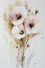 Delicate Pink Poppies with Soft Surrounding Grasses in Watercolor Art