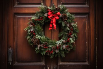 A traditional Christmas wreath with pinecones and holly, adorned with a red bow, hangs elegantly on a rustic wooden door during the festive season