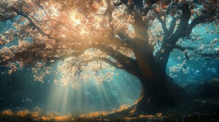 Spring blossom background. Beautiful nature scene with blooming tree and sun flare. Sunny day. Spring flowers. Beautiful Orchard. Abstract blurred background. Springtime