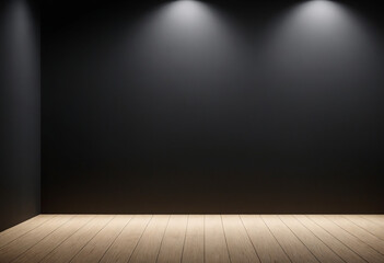 Empty wooden floor space illuminated by spotlights against a dark wall background
