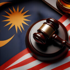 Fototapeta premium An impactful image featuring the Malaysia flag alongside a judges gavel, symbolizing justice, law, A strong representation of legal authority and regional.