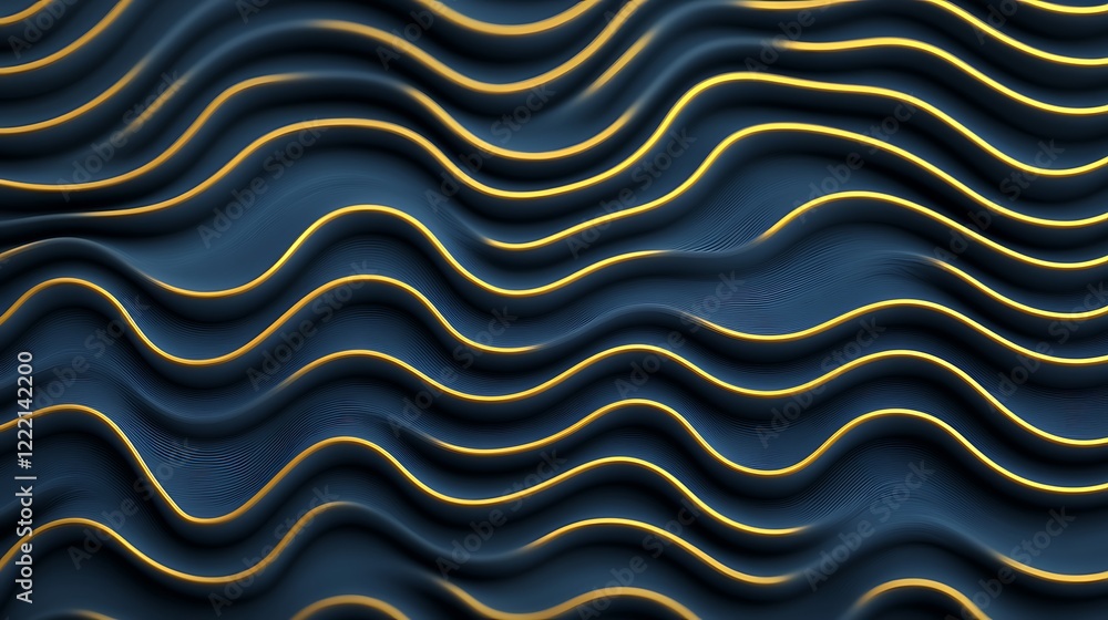 Poster elegant abstract waves with golden highlights on a deep blue background for modern design use