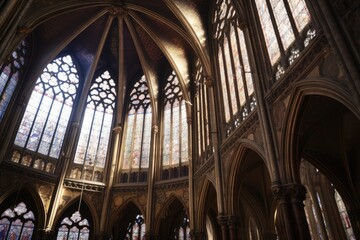 Intricate stone carvings in a gothic cathedral featuring stunning stained glass windows illuminating the interior during daylight hours