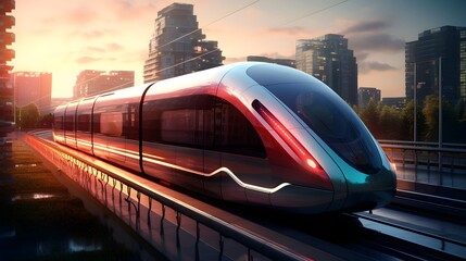 Naklejka premium Sleek and Streamlined Futuristic Electric Train Design Featuring Advanced Autonomous Technology for Sustainable and Efficient Public Transportation Systems of the Future