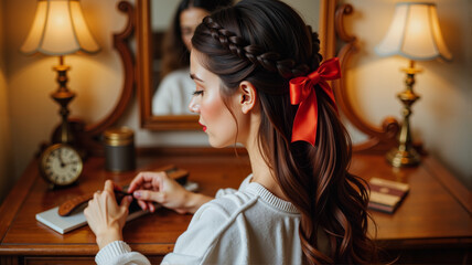 Young woman braiding hair at vintage vanity, symbolizing beauty