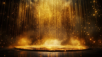 Gold light effect on stadium party stage background. Yellow concert disco club spotlight ray design. Magic festive glitter projector in luxury illuminated theater award glow studio decoration.