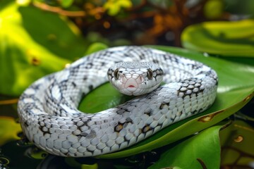 Naklejka premium Texas rat snake Elaphe obsoleta lindheimeri resting on green leaves by a tranquil water source in the warm sunlight of a late afternoon in Texas