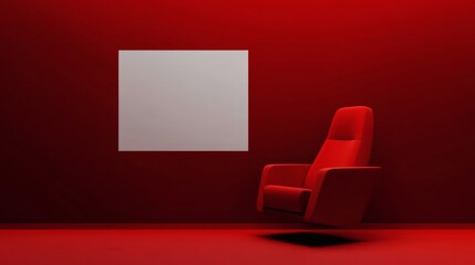 Red Cinema Seat and Blank Screen in Minimalist Red Room - Modern Movie Theater Concept