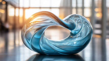 Abstract glass sculpture in modern interior with sunlight reflections on the surface creating a minimalist and serene atmosphere with blurred surroundings and blank space for caption or text

