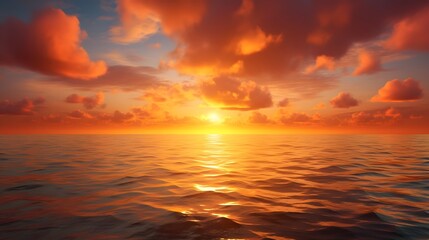 Obraz premium Breathtaking panoramic view of golden clouds during a stunning sunset over the serene ocean Vibrant warm colors create a captivating and dreamlike atmosphere