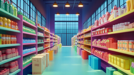 Cartoon supermarket aisle with large window. Vector illustration of shelves full of colorful cardboard boxes and food packages, bottles with beverages, lamps on ceiling. Grocery store department