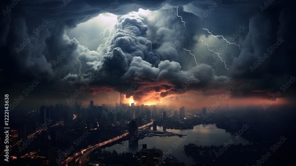 Poster dramatic thunderstorm cloud forming and looming over a captivating cityscape creating a moody and po