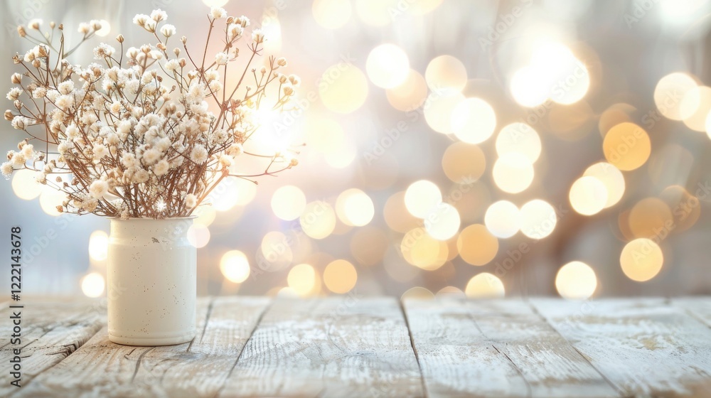 Poster dried flowers are displayed in a simple vase, creating a tranquil atmosphere with a soft bokeh effec