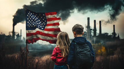 Naklejka premium Kids looking at the American flag with industrial smoke in the background