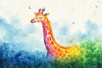 Fototapeta premium Colorful Watercolor Giraffe Surrounded by Vibrant Nature Elements