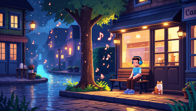 A pixelart scene depicts a person with headphones on a bench, a cat beside them, near a cafe at night. Music notes float around