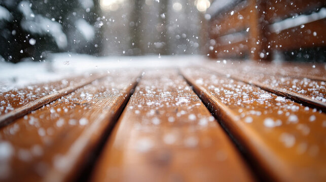 Hailstones bouncing off a wooden deck, leaving wet marks in their wake - Powered by Adobe