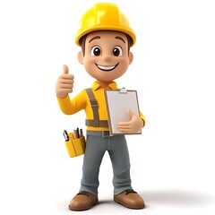 Happy Worker: A cheerful 3D rendered cartoon construction worker gives a thumbs-up, holding a clipboard, showcasing his competence and positive attitude. 