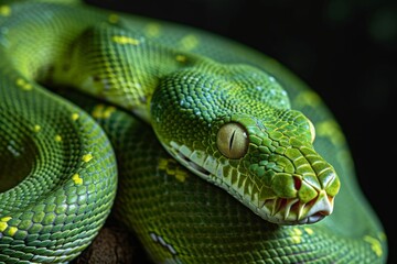 Obraz premium Green Python lounging peacefully in lush surroundings, displaying vibrant scales under natural light in the wild, capturing the essence of its tropical habitat