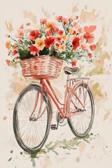 Fototapeta premium Vintage Bicycle with Flower Basket in Watercolor Style