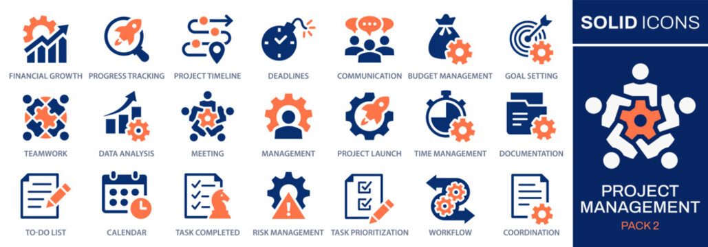 Project management icons, such as collaboration, workflow, to-do list, deadlines and more. Vector illustration. Easily changes to any color.