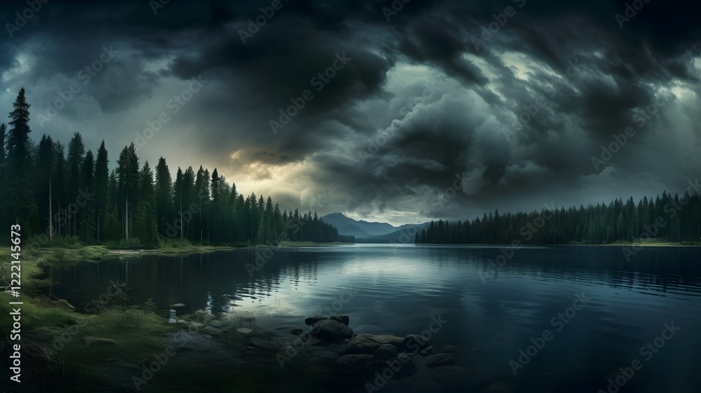 Poster dramatic dark storm clouds roll in ominously over a calm and serene lake creating a moody and contem