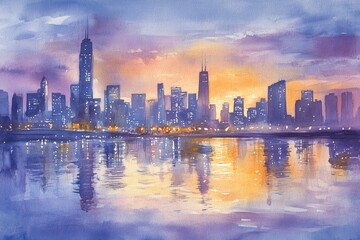 Fototapeta premium Serene Sunset Reflection Over Vibrant City Skyline in Watercolor Style