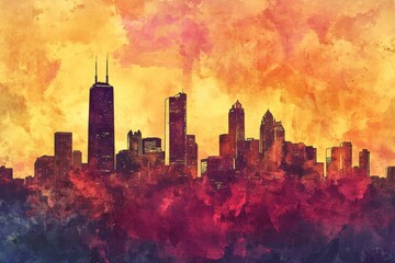 Fototapeta premium Vibrant City Skyline at Sunset with Watercolor Effect