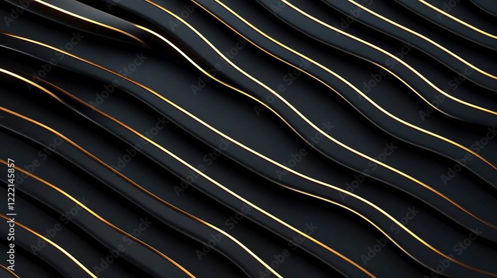 Poster elegant wavy black surface with shimmering gold lines creating a modern abstract background design