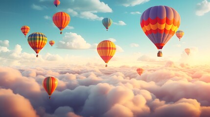 Obraz premium Majestic hot air balloons in a kaleidoscope of colors gracefully ascending into a serene cloud dappled sky offering a captivating and panoramic vista