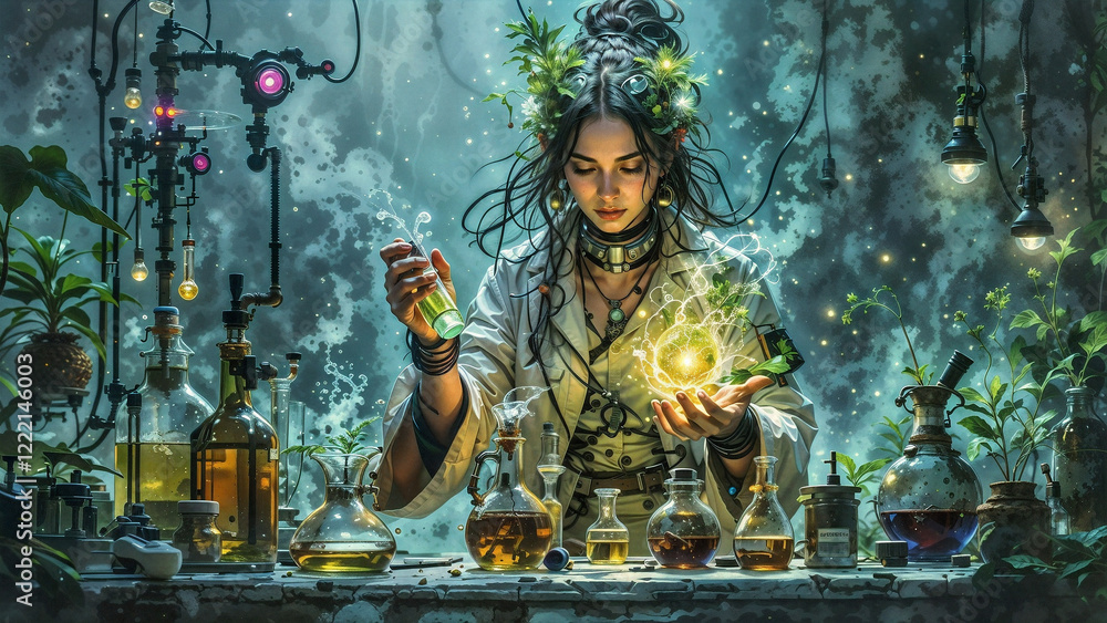 Poster female scientist from the future develops new biotechnologies . generative ai