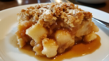 Apple cobbler with a crumbly topping and a gooey, sweet filling.