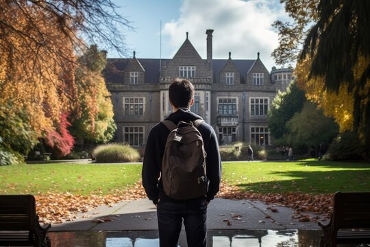 An international student exploring the beautiful college campus on a clear autumn day, surrounded by colorful foliage and historic architecture, while contemplating their academic journey ahead
