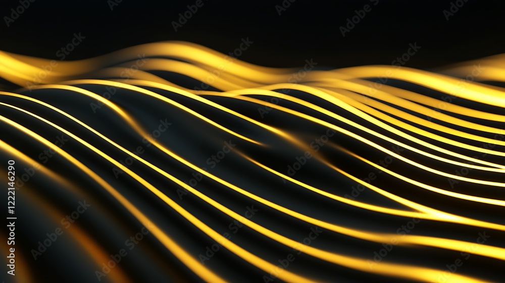 Poster flowing golden waves on a dark background with smooth lines and gradients for abstract artistic use